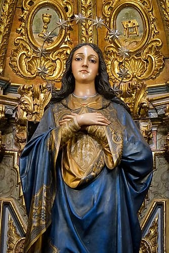 Rhonda, Spain. Mother Mary icon inside old church interior. Architecture Print